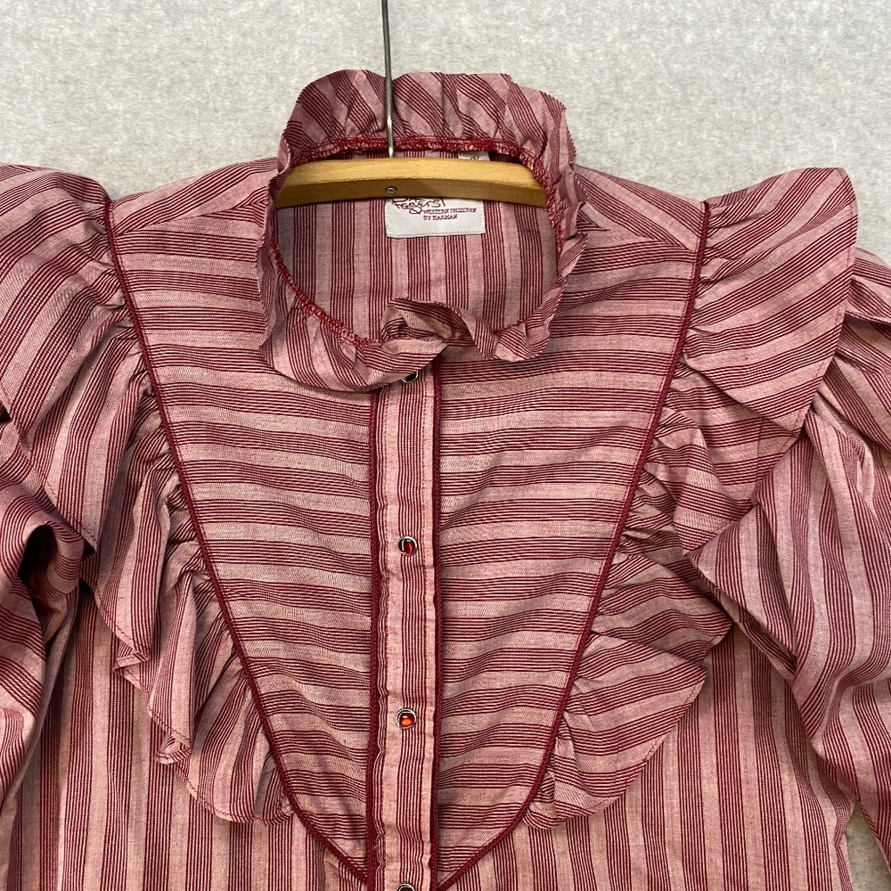 Striped Ruffle Button-Front Blouse - Dusty Rose - Picture 2 of 9